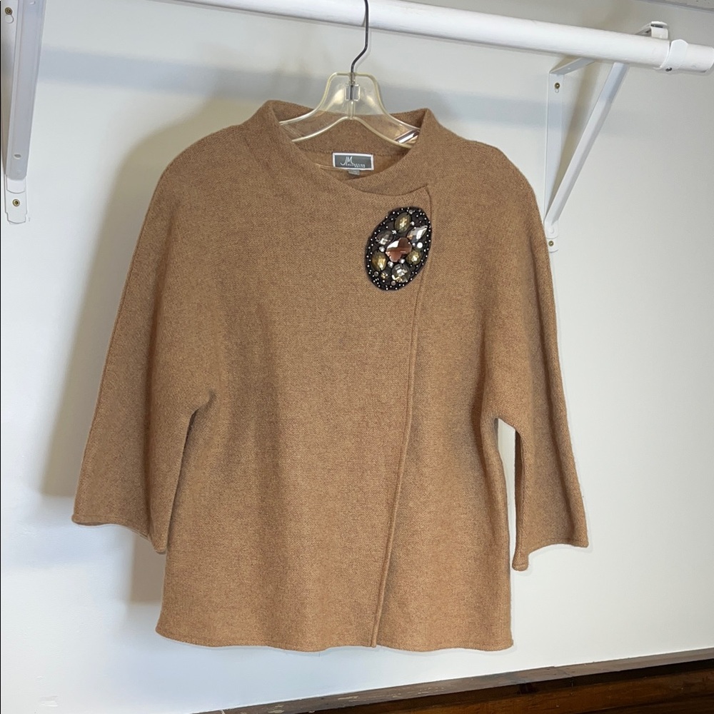 JM Collection‎ Tan Wool Wrap Sweater with Decorative Brooch- LP